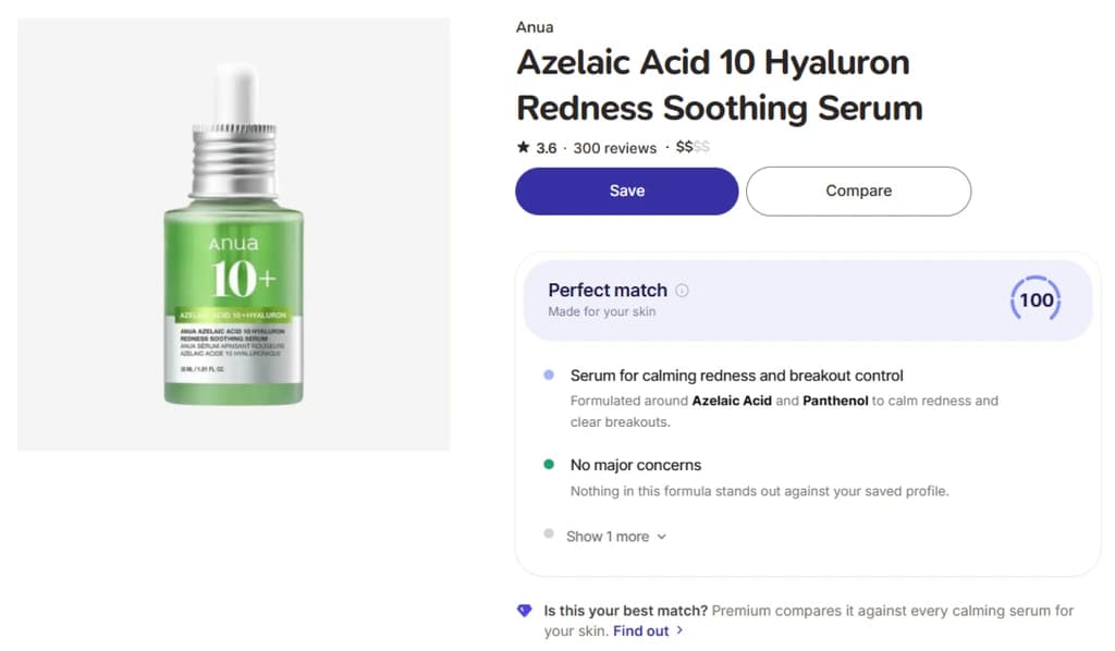 A skincare recommendations app recommending a product