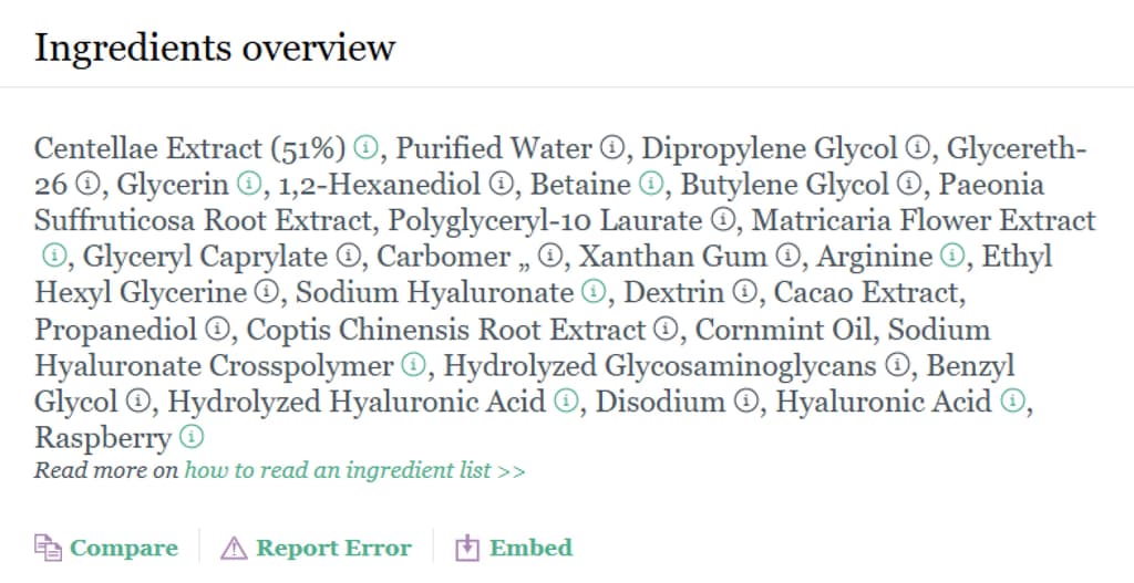 A dense skincare ingredient list