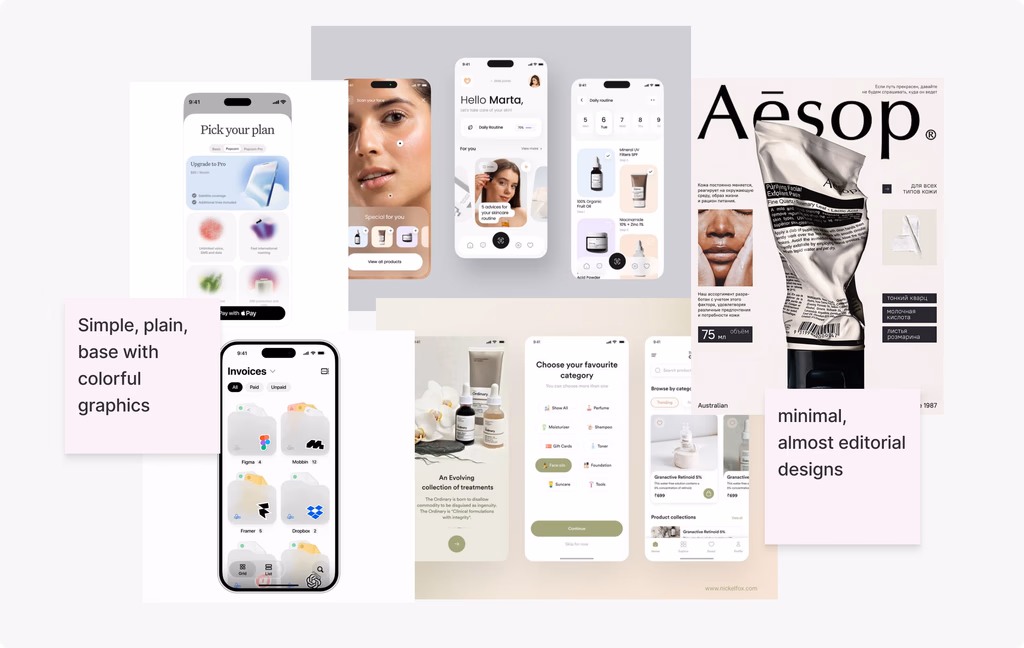 Moodboard of skincare apps and modern, simplistic UI references