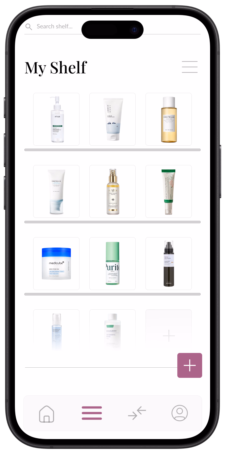 SkinSprout's My Shelf screen, showing tracked skincare products