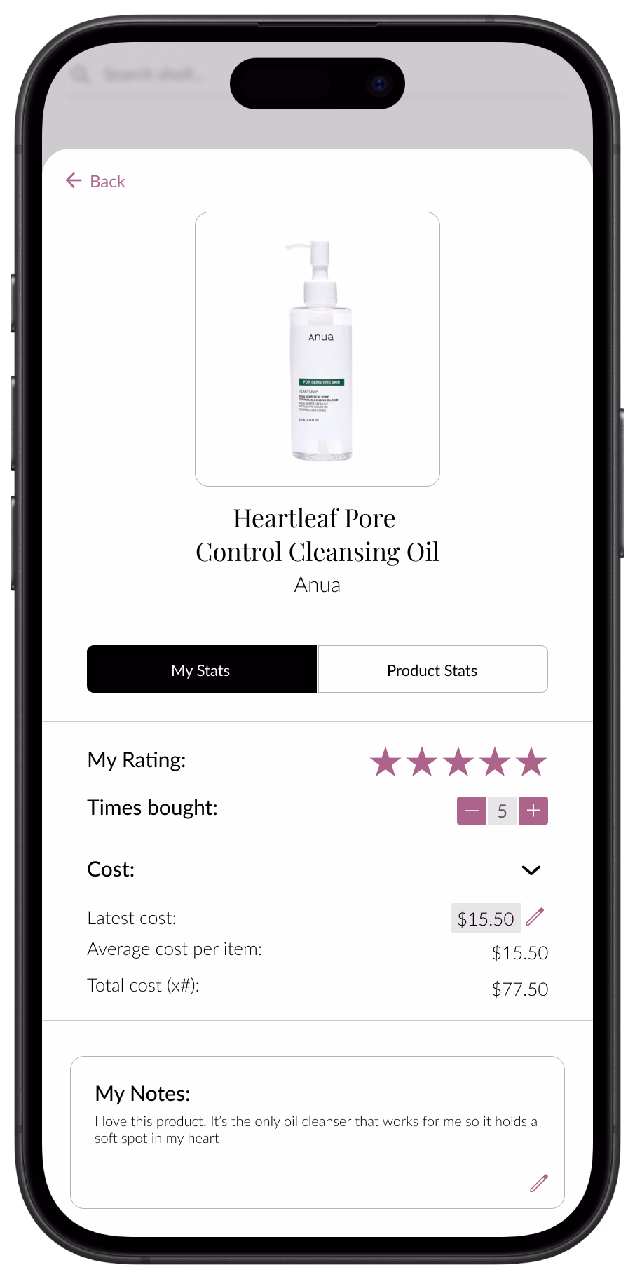 A tracked product's detail screen with rating, cost, and personal notes