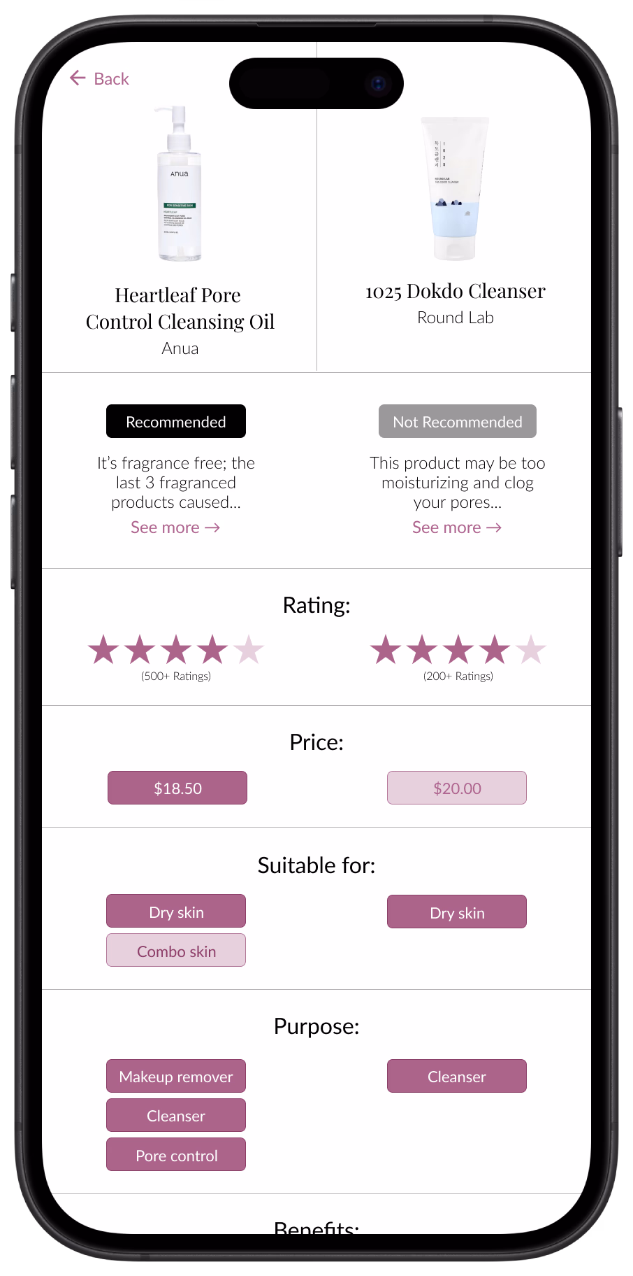 A product comparison screen showing a recommended vs. not recommended product