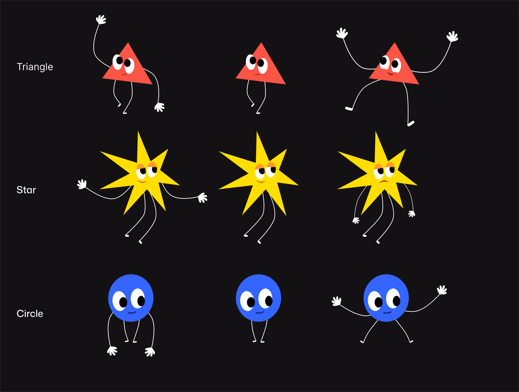 Triangle, star, and circle mascot characters in three poses each