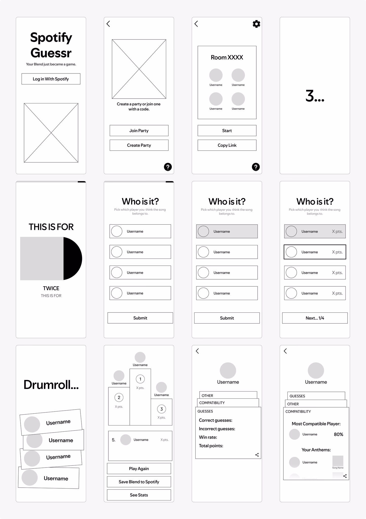Low-fidelity wireframes of the Spotify Guessr screens and flow